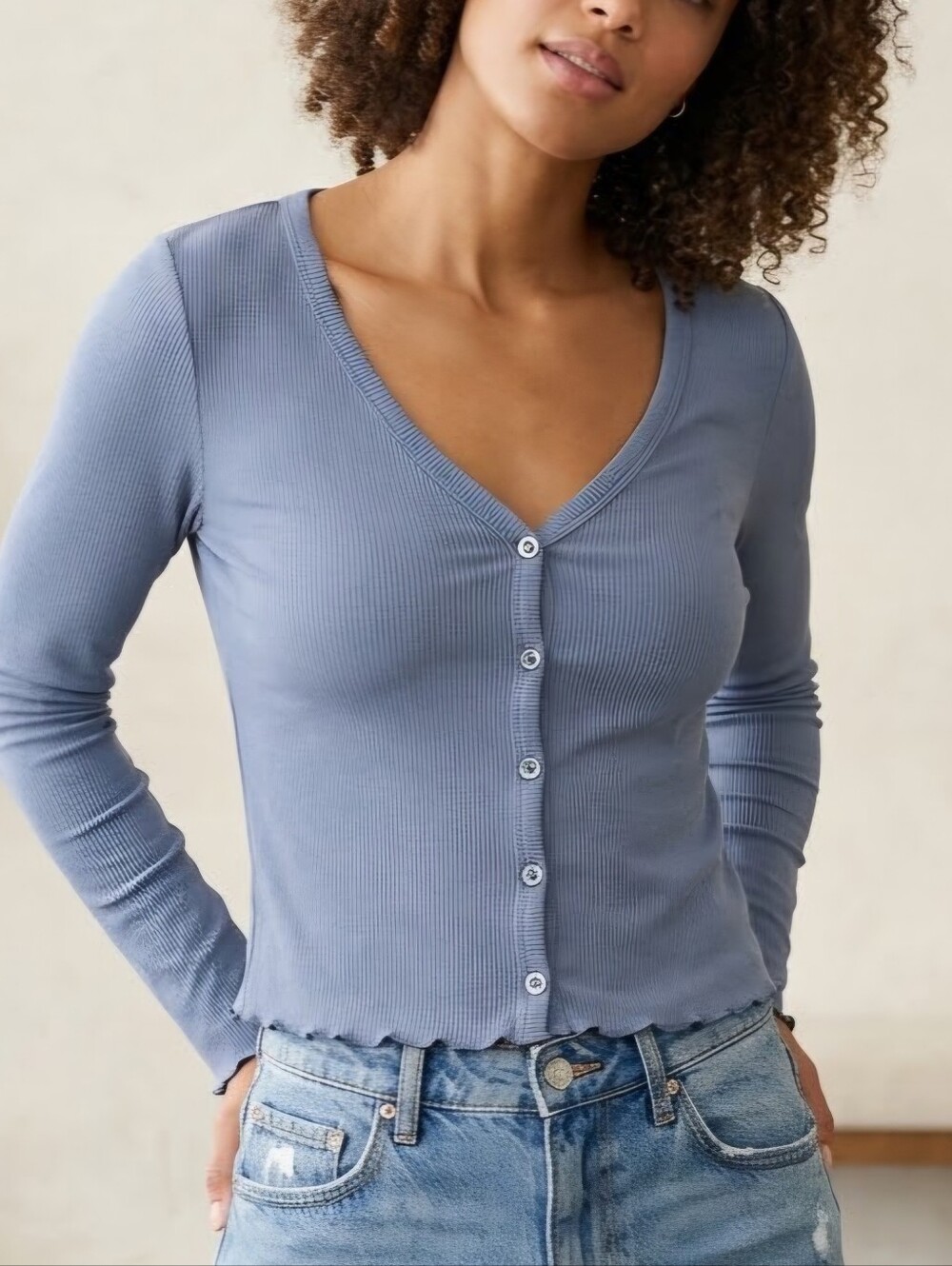 Polly & Esther Ribbed Button-Front Long Sleeve Top in Dusty Blue